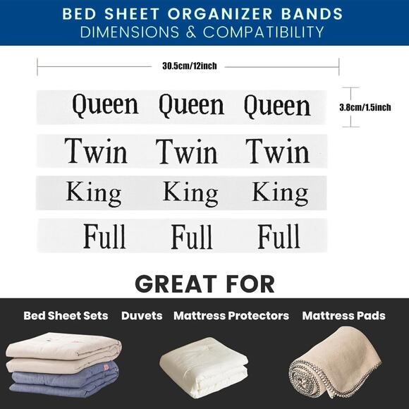 12 PC Bed Sheet Organizer Bands Storage Labels Keepers Linen Closet Straps Sizes - Picture 3 of 7